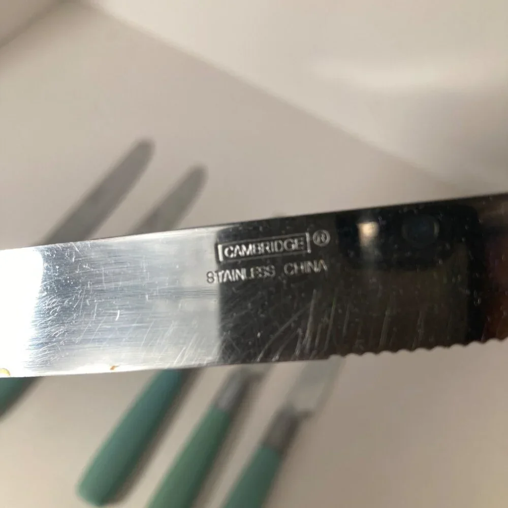 6 - Vintage Cambridge Dinner Knives Green Stainless‎ Flatware Plastic Handle 9